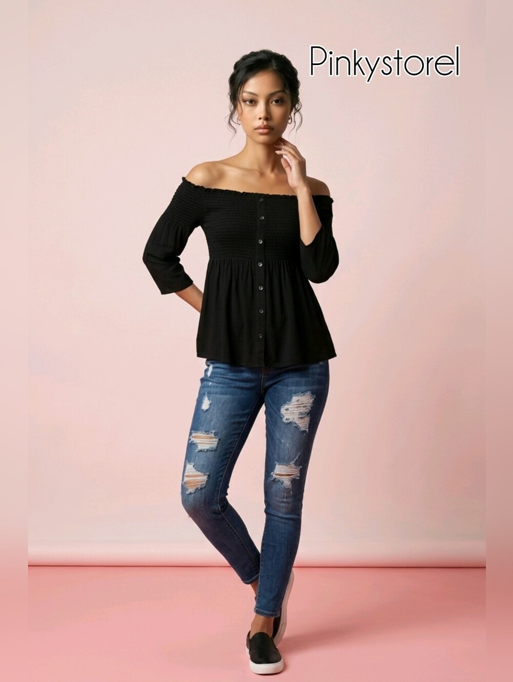 Button Smocked Shoulder Top🖤